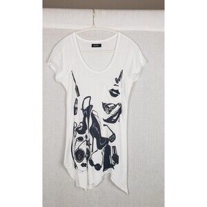 Lauren Moshi Tunic Tee S White Black Stiletto Heels Lipstick Asymmetric‎ Hem USA